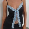 Motel Rocks Strappy Tops | Going Out Tops-Bahela Tie Front Cami Top in Black with Blue Lace