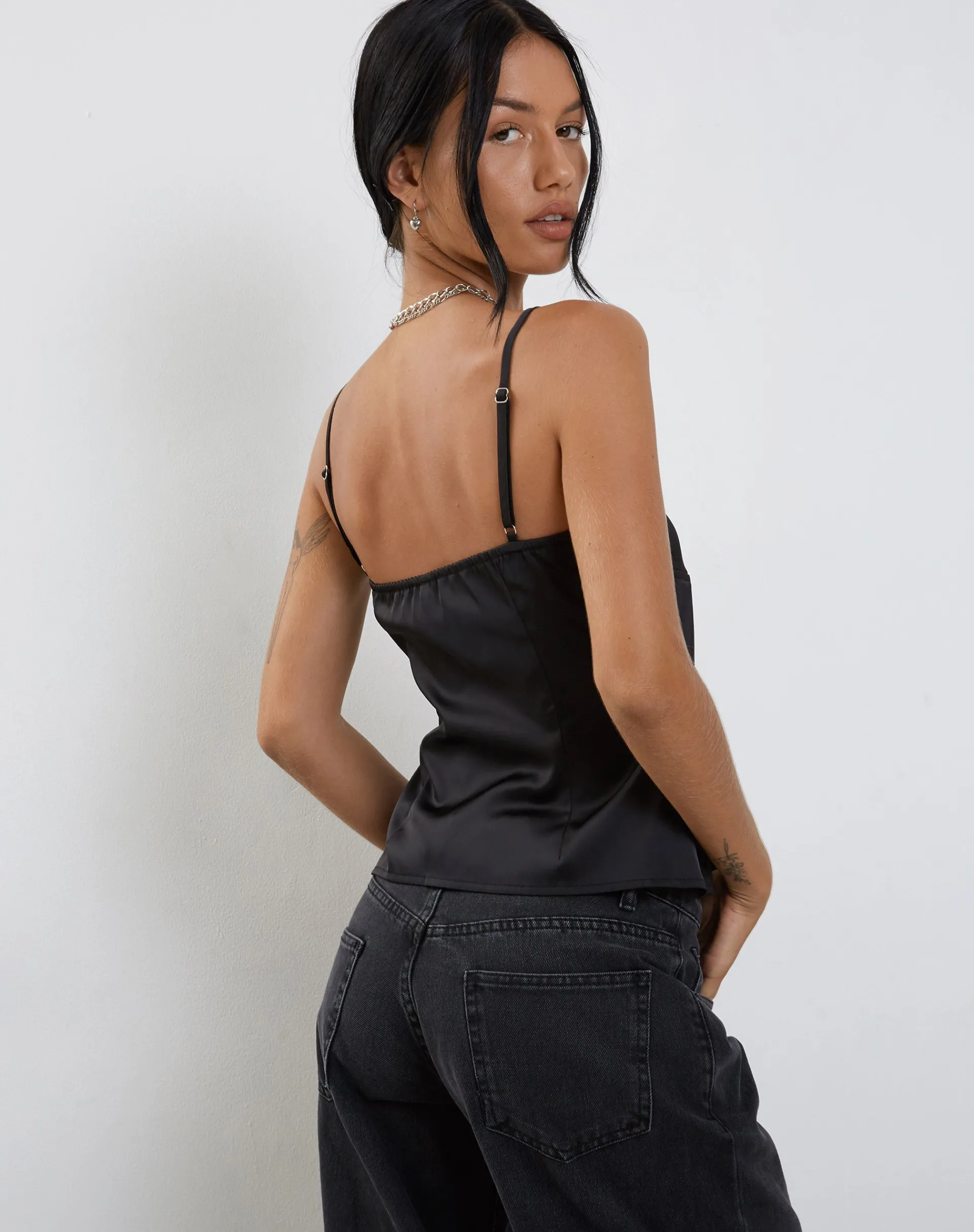 Motel Rocks Strappy Tops | Going Out Tops-Bahela Tie Front Cami Top in Black with Blue Lace