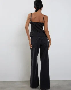 Motel Rocks Strappy Tops | Going Out Tops-Bahela Tie Front Cami Top in Black with Blue Lace