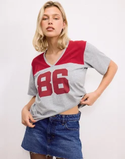 Motel Rocks Basic Tops | Printed Tops-Balap Oversized Top in Grey Marl and Adrenaline Red with '86' Emb