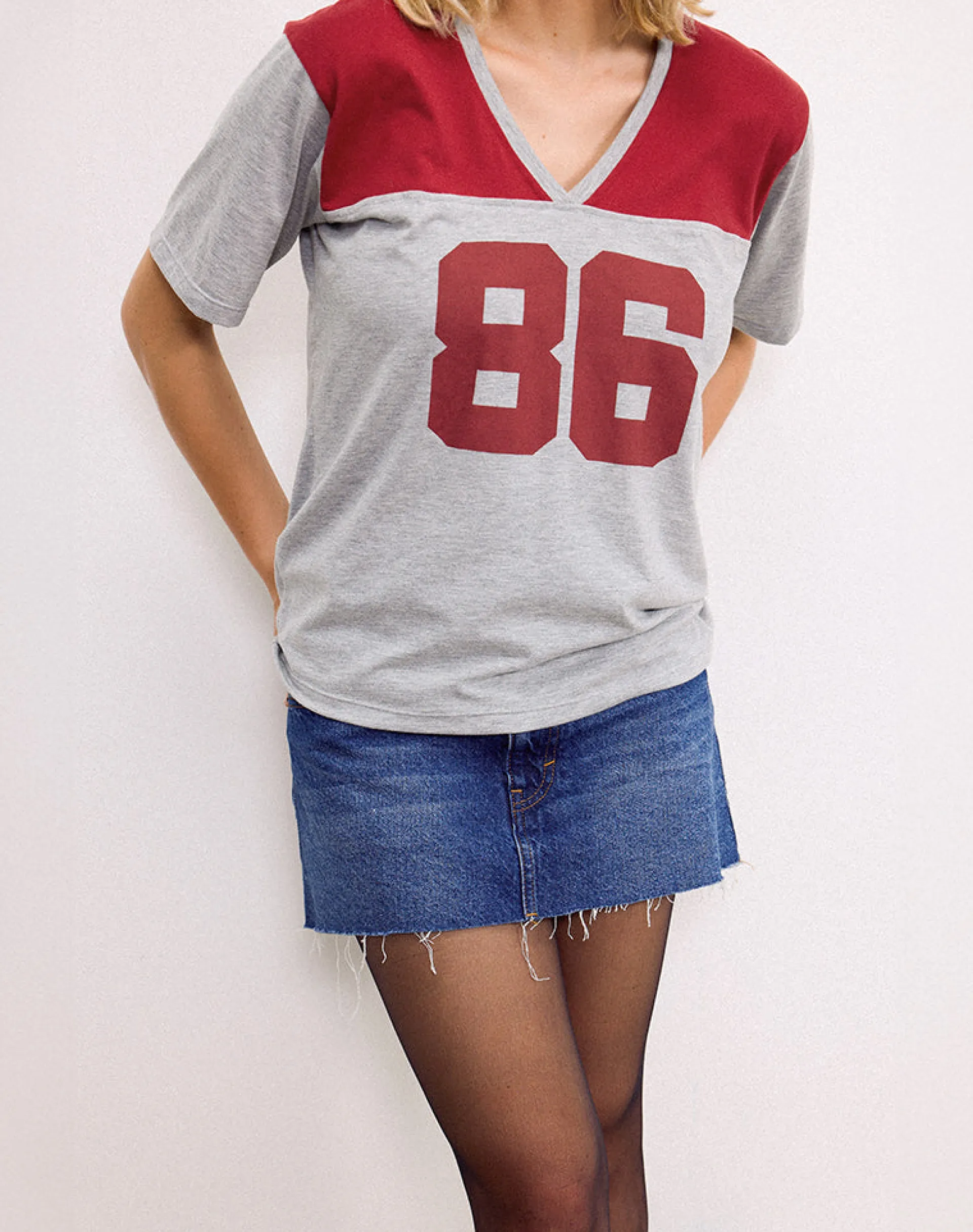 Motel Rocks Basic Tops | Printed Tops-Balap Oversized Top in Grey Marl and Adrenaline Red with '86' Emb