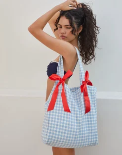 Motel Rocks Accessories-Barbara Tote Bag in Blue Gingham with Red Bow