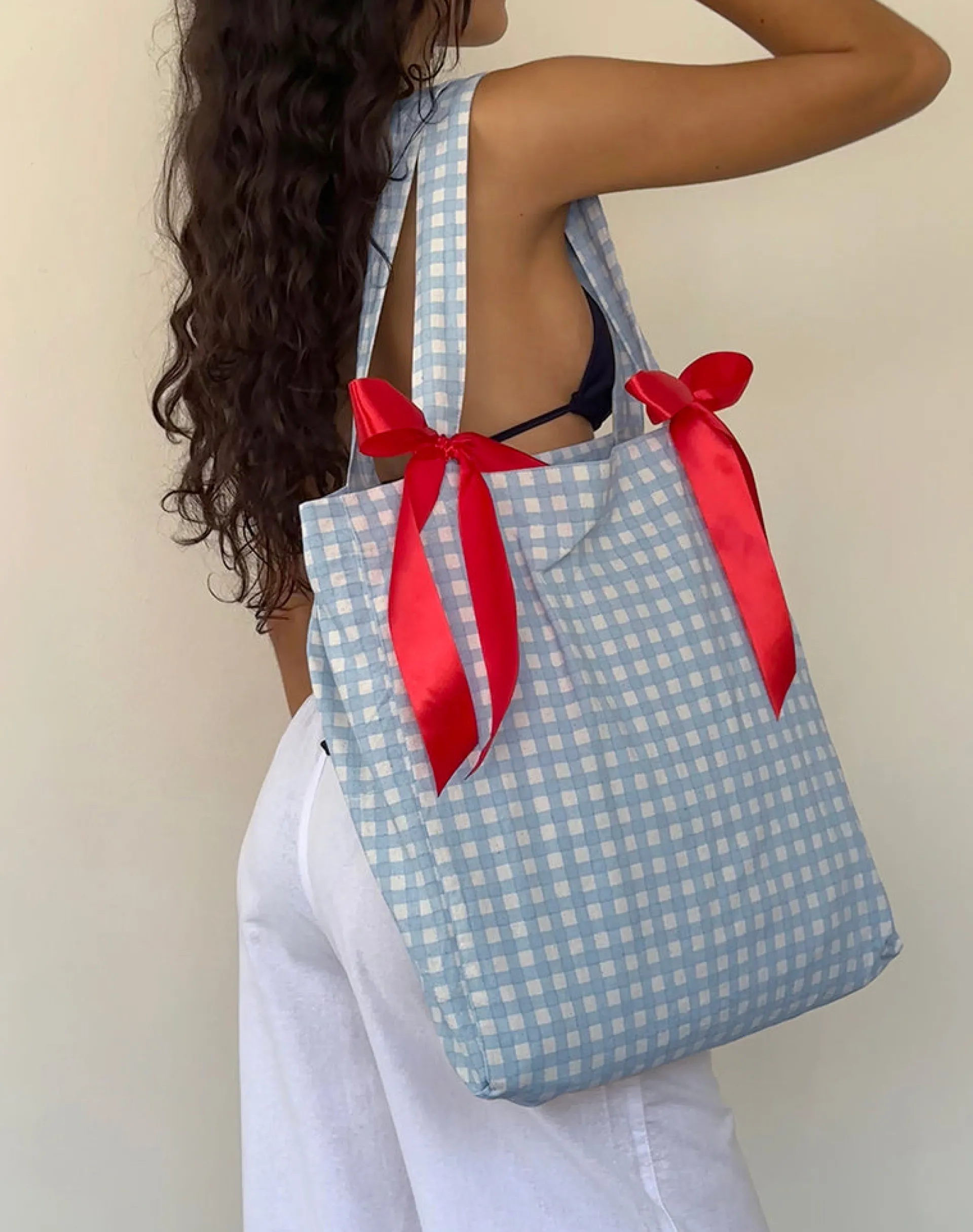Motel Rocks Accessories-Barbara Tote Bag in Blue Gingham with Red Bow