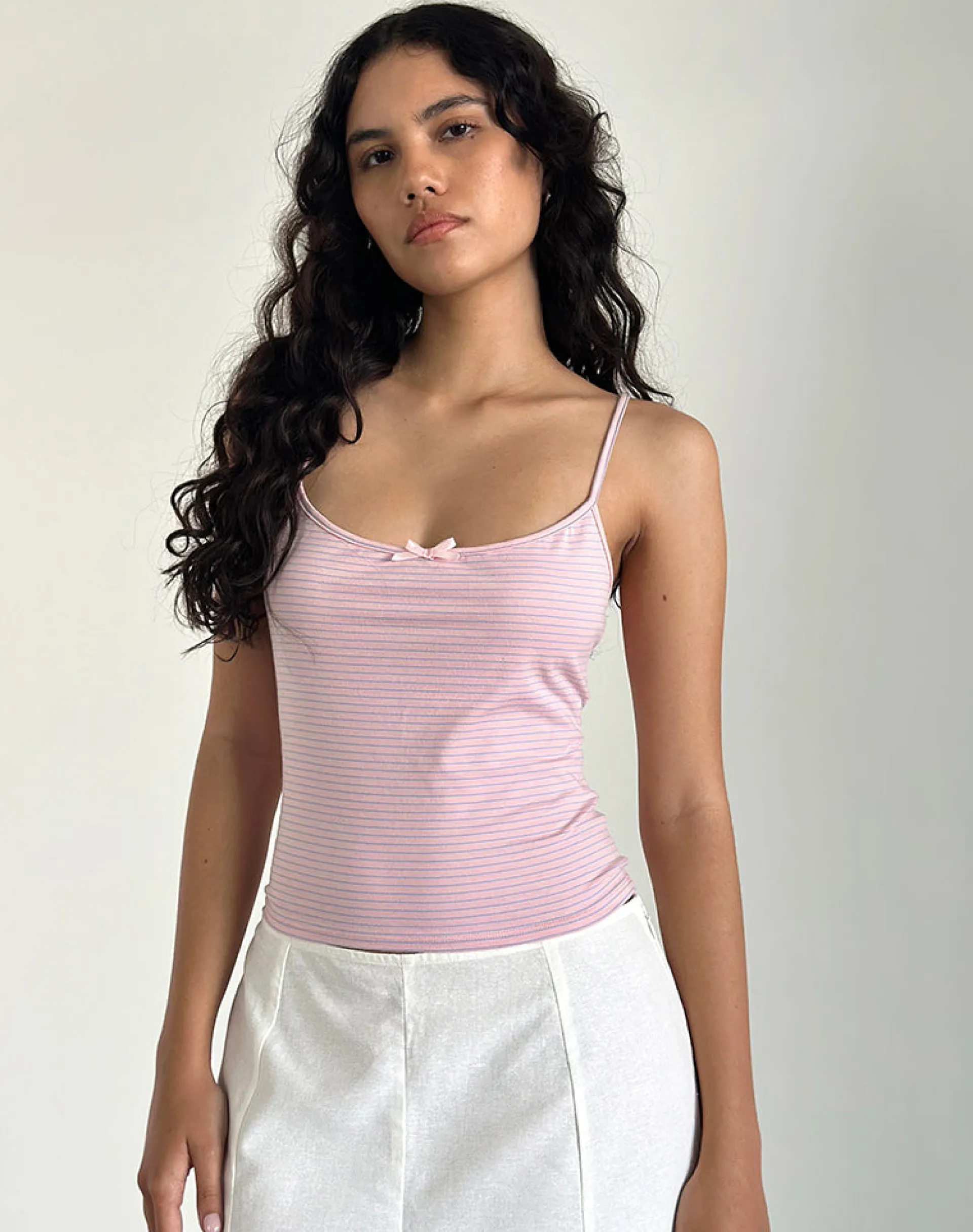 Motel Rocks Printed Tops | Strappy Tops-Barlyn Cami Top in Pink and Blue Stripe PinkandBlueStripe