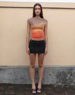 Motel Rocks Printed Tops | Going Out Tops-Bastille Top in Mesh Printed Orange Sunset
