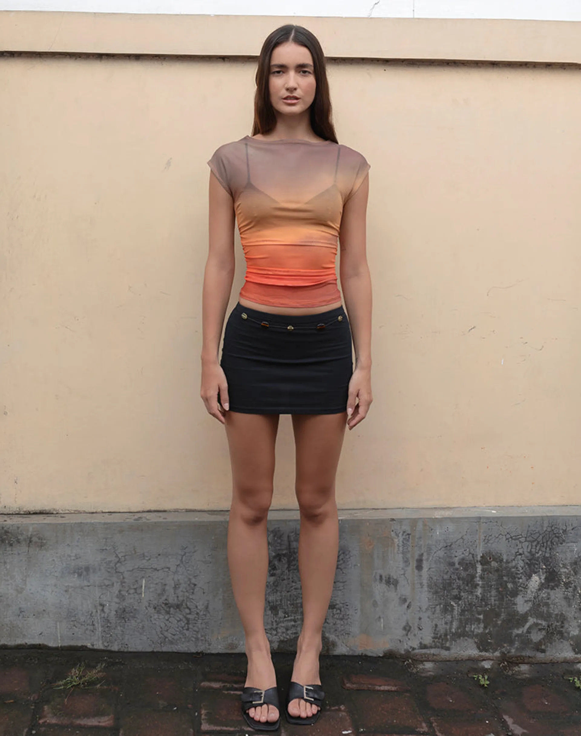 Motel Rocks Printed Tops | Going Out Tops-Bastille Top in Mesh Printed Orange Sunset
