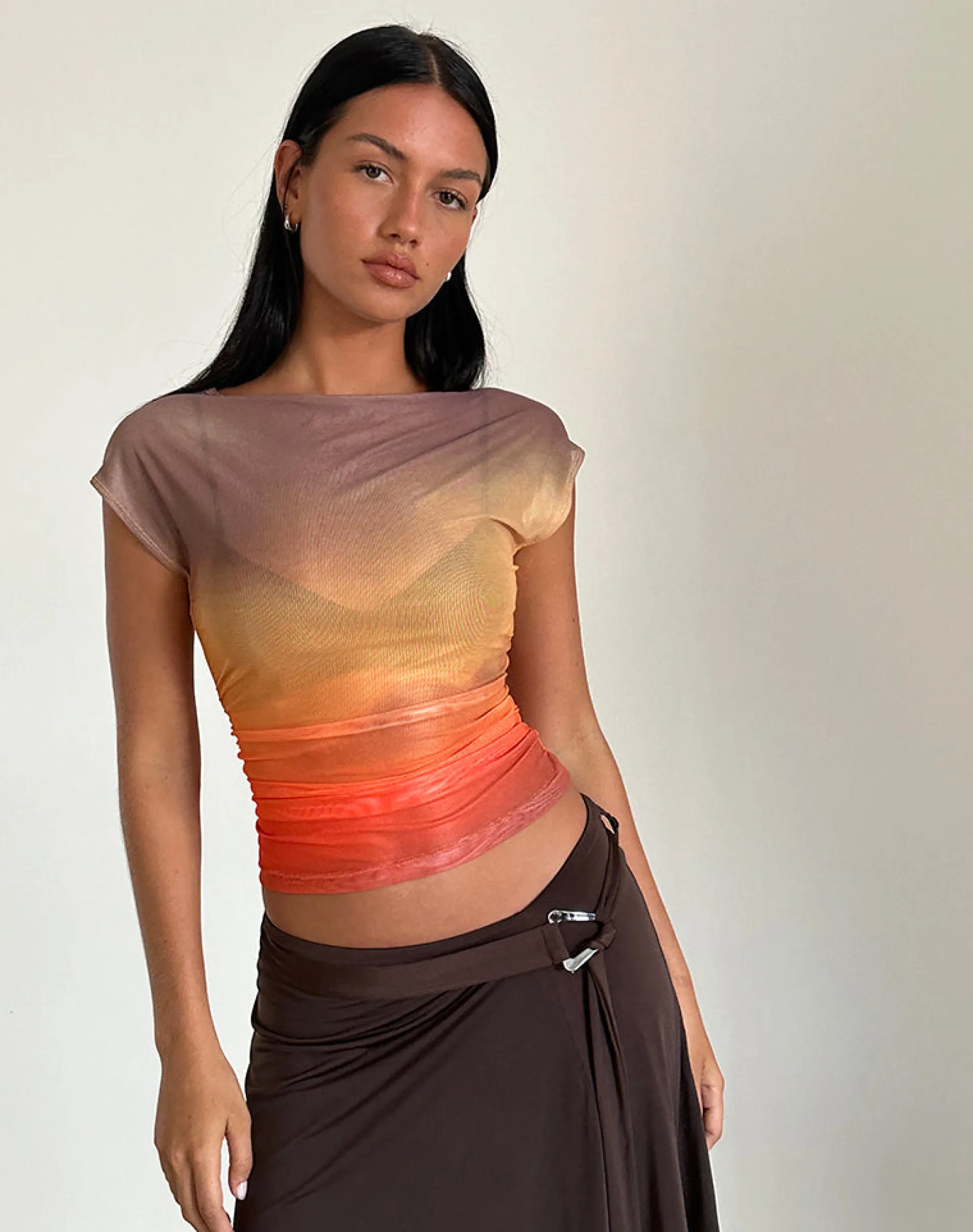Motel Rocks Printed Tops | Going Out Tops-Bastille Top in Mesh Printed Orange Sunset