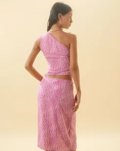 Motel Rocks Printed Tops-Bayan One Shoulder Top in Wavy Polka Purple