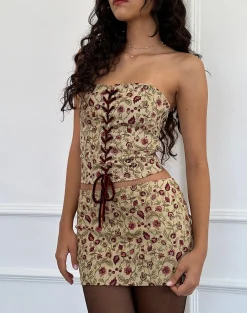 Motel Rocks Co-Ords | Printed Skirts-Bebeka Micro Mini Skirt in Botanical Taupe BotanicalTaupe