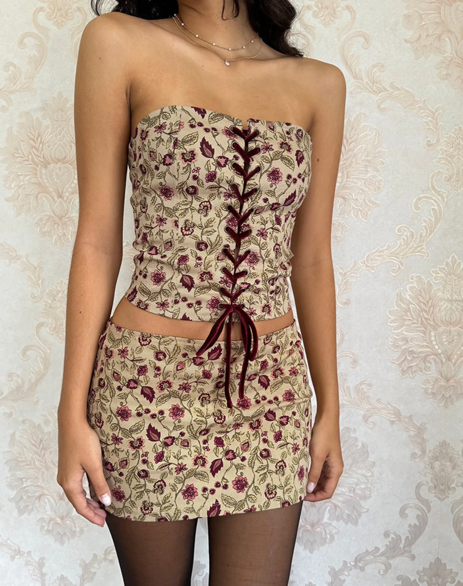 Motel Rocks Co-Ords | Printed Skirts-Bebeka Micro Mini Skirt in Botanical Taupe BotanicalTaupe