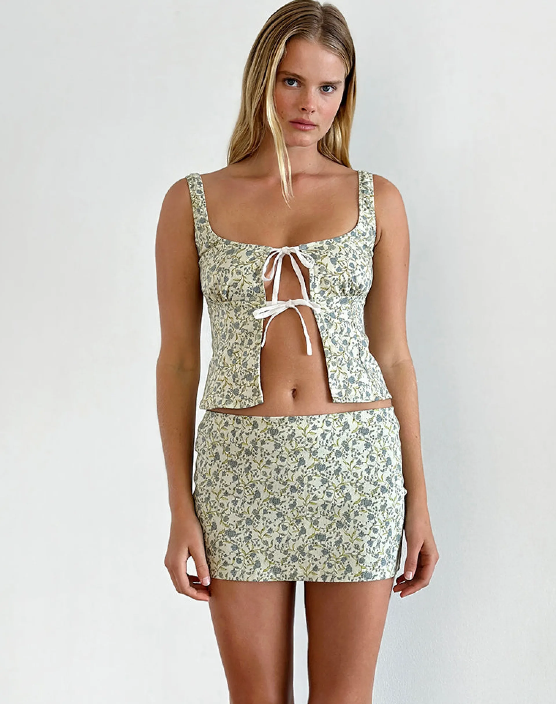 Motel Rocks Co-Ords | Mini Skirts-Bebeka Micro Skirt in Pretty Floral Light Sage PrettyFloralLightSage