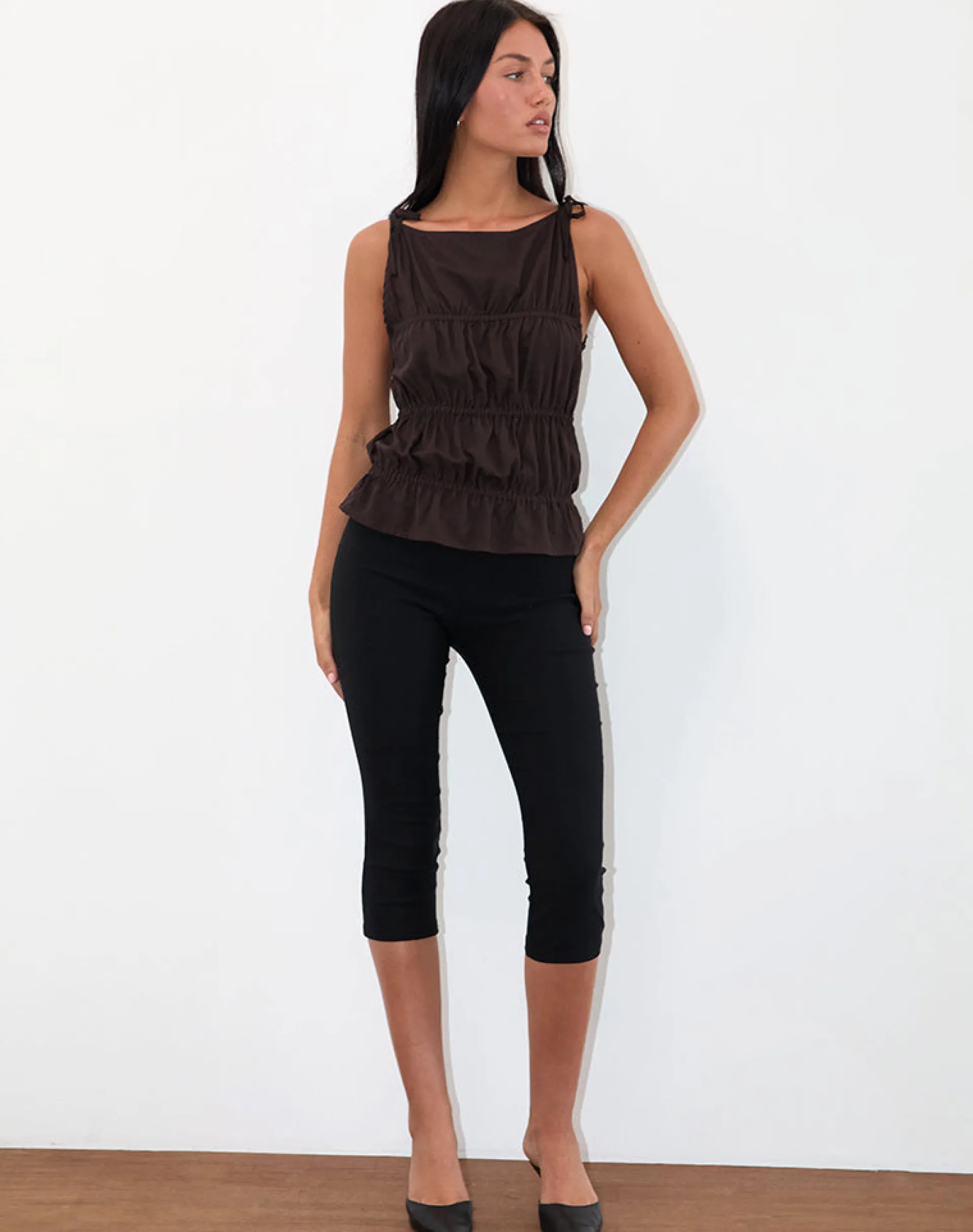 Motel Rocks Vest Tops-Beck Ruched Tie Strap Top in Bitter Chocolate