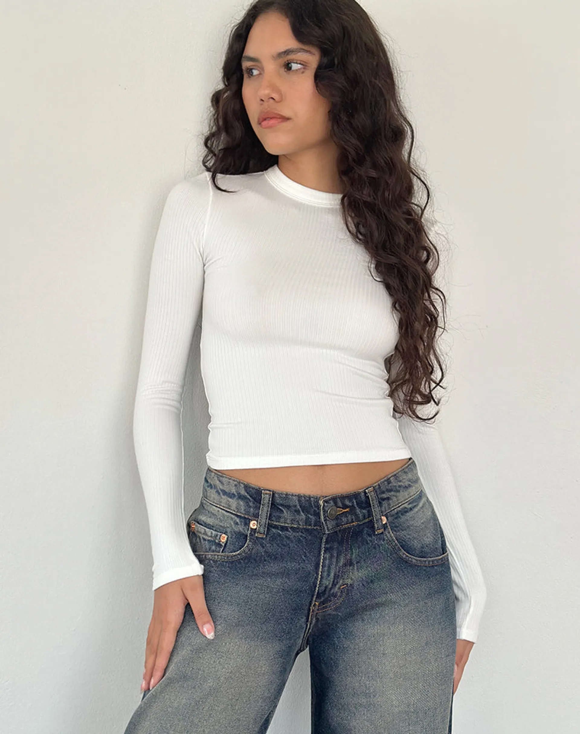 Motel Rocks Basics | Basic Tops-Beech Ribbed Long Sleeve Top in Off White