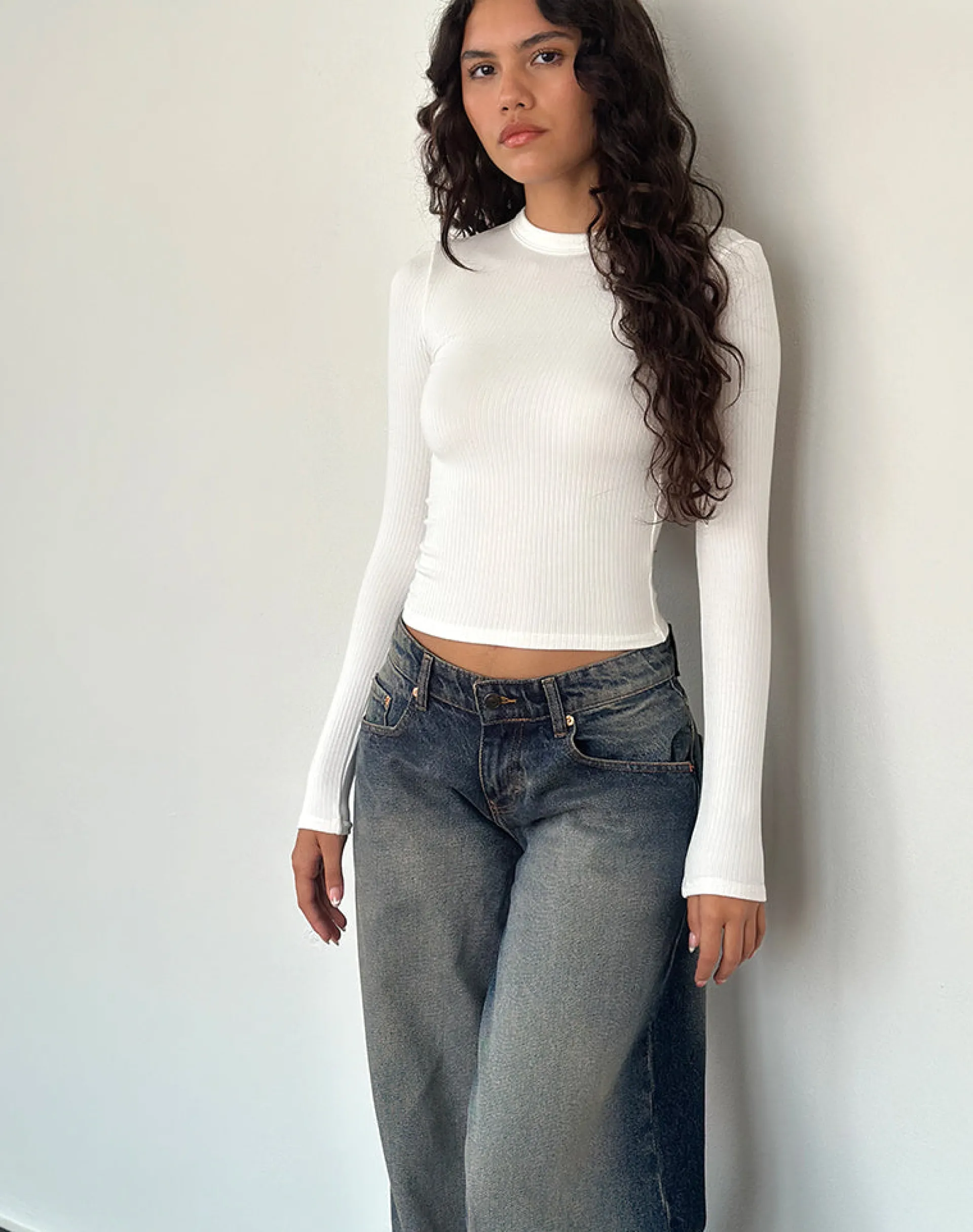 Motel Rocks Basics | Basic Tops-Beech Ribbed Long Sleeve Top in Off White
