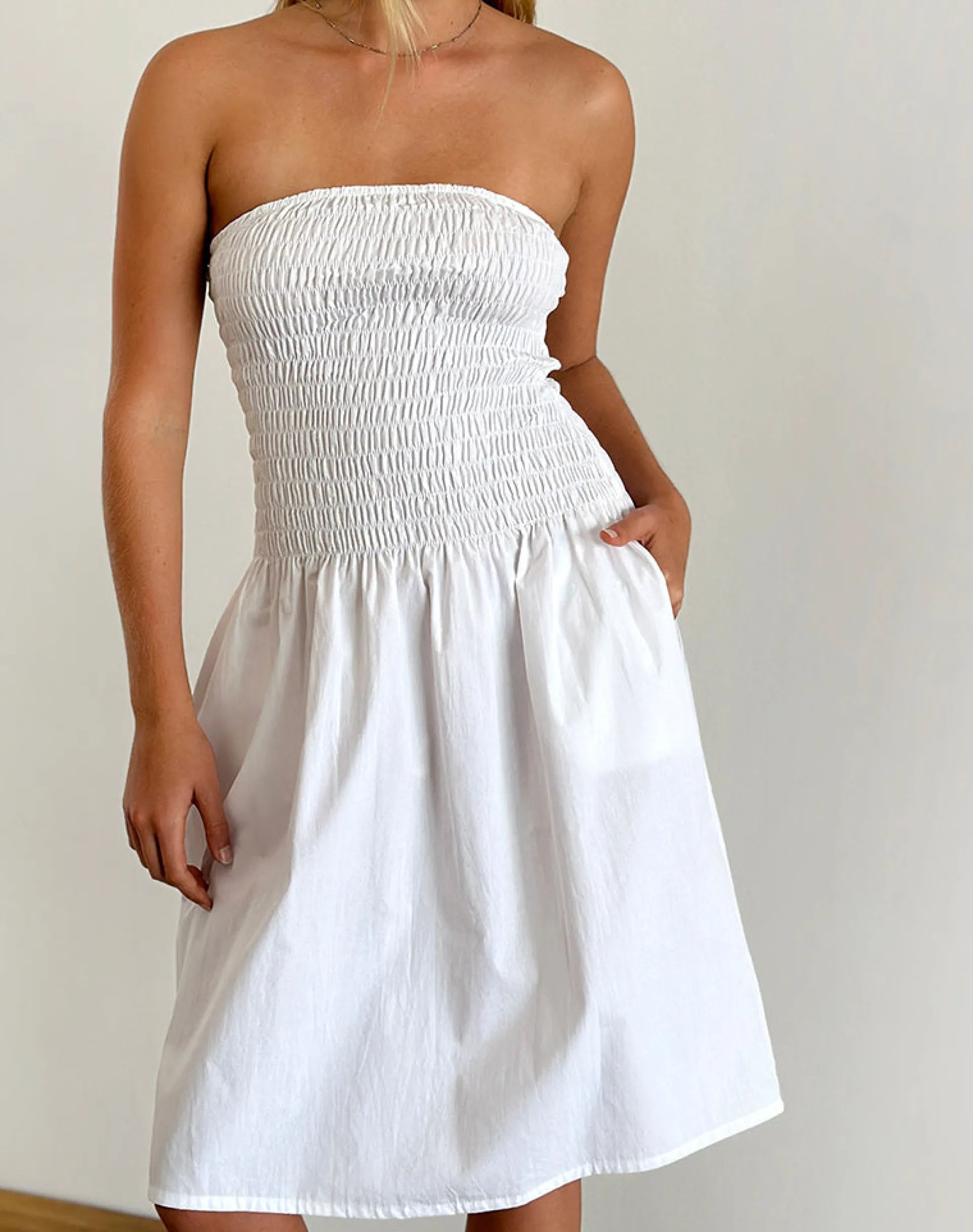 Motel Rocks Bandeau Dresses | Day Dresses-Belesi Bandeau Midi Dress in Poplin White PoplinWhite