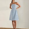 Motel Rocks Printed Dresses | Bandeau Dresses-Belesi Midi Dress in Blue Small Vertical Stripe BlueSmallVerticalStripe