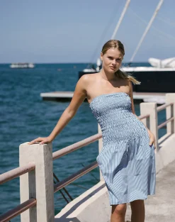 Motel Rocks Printed Dresses | Bandeau Dresses-Belesi Midi Dress in Blue Small Vertical Stripe BlueSmallVerticalStripe