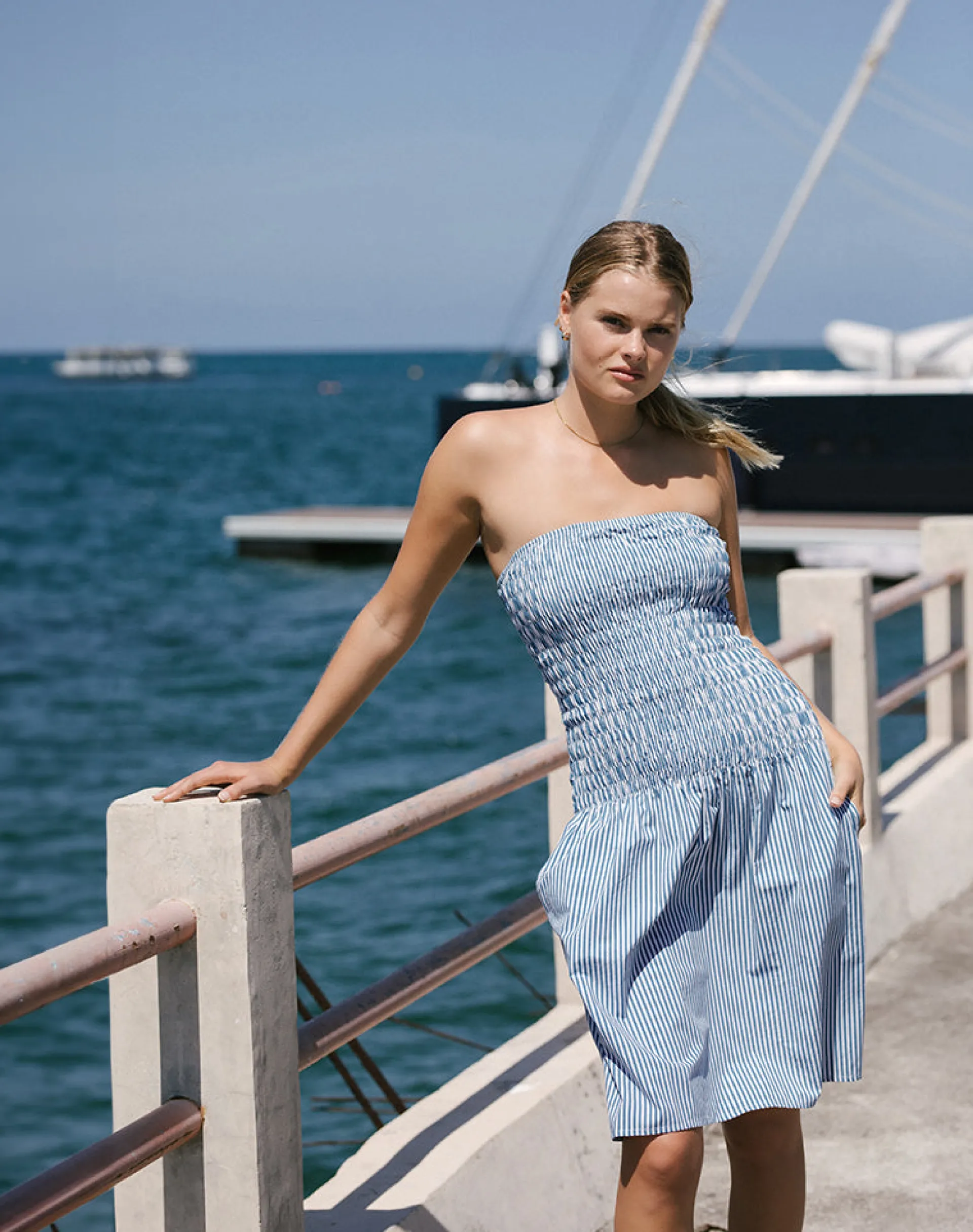Motel Rocks Printed Dresses | Bandeau Dresses-Belesi Midi Dress in Blue Small Vertical Stripe BlueSmallVerticalStripe
