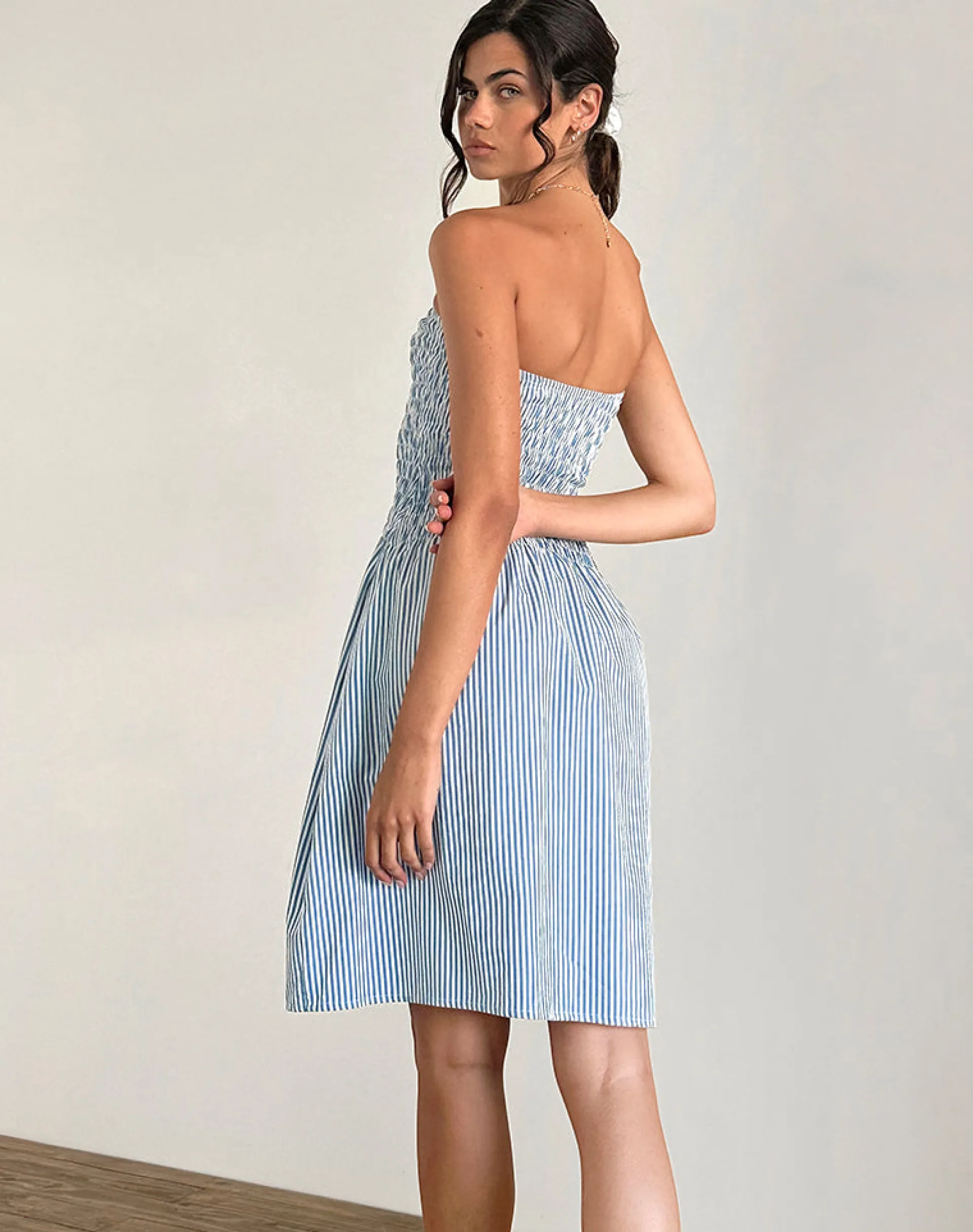 Motel Rocks Printed Dresses | Bandeau Dresses-Belesi Midi Dress in Blue Small Vertical Stripe BlueSmallVerticalStripe