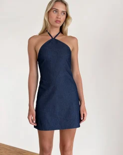 Motel Rocks Mini Dresses-Belinda Halterneck Mini Dress in Denim Chambray Indigo