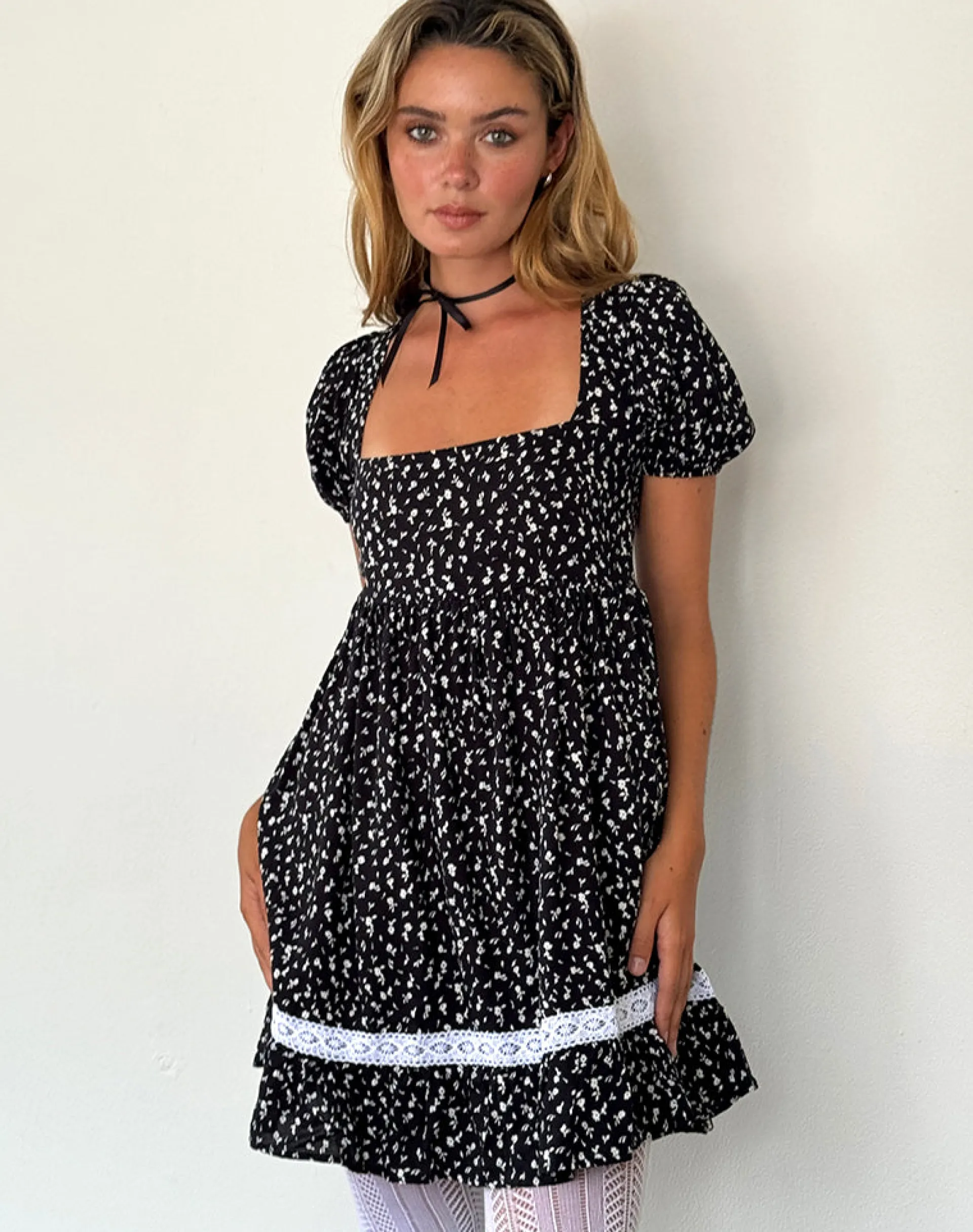Motel Rocks Printed Dresses | Day Dresses-Beling Mini Tea Dress in Black Ditsy Romance