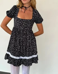 Motel Rocks Printed Dresses | Day Dresses-Beling Mini Tea Dress in Black Ditsy Romance