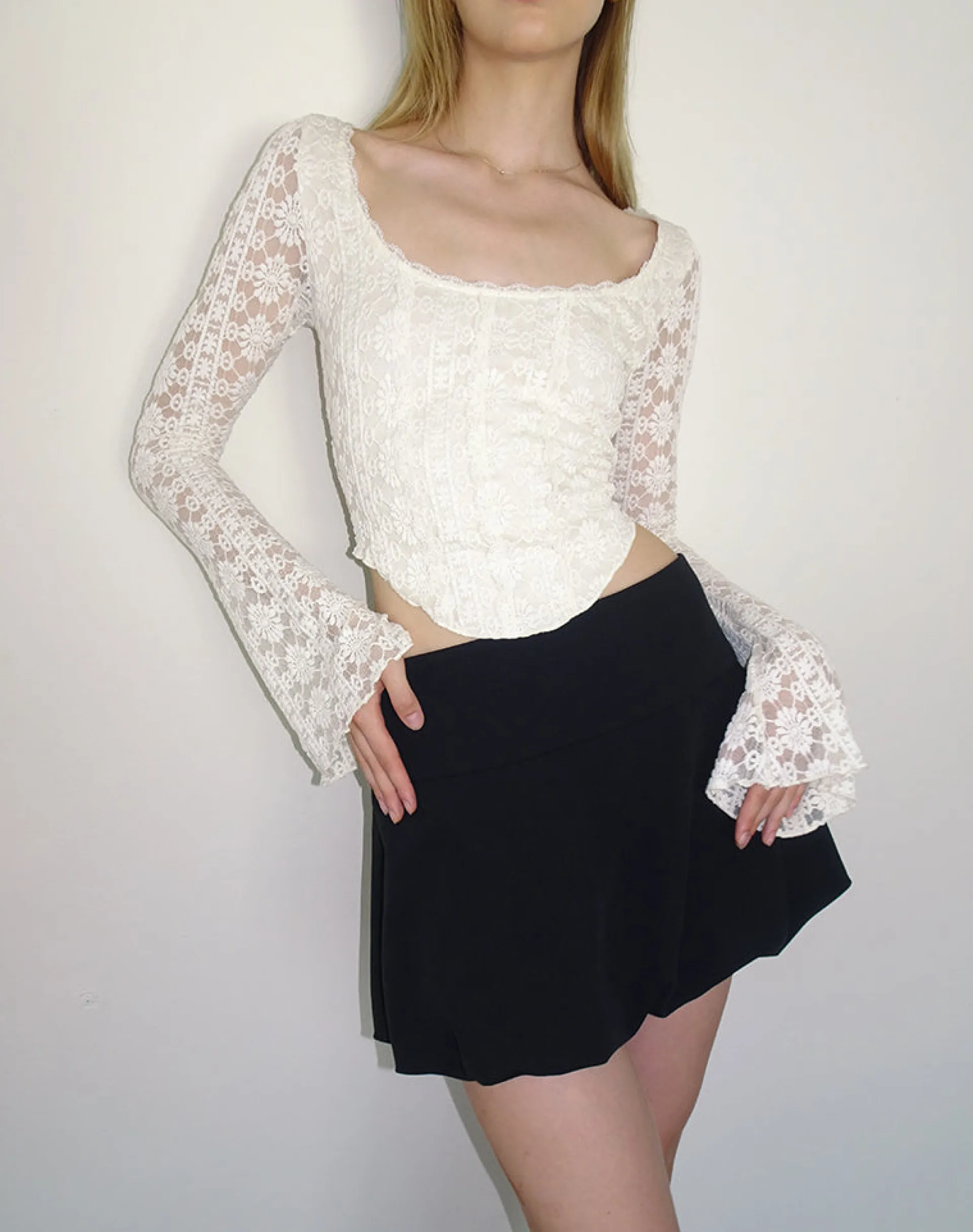 Motel Rocks Corset Tops | Long Sleeve Tops-Belle Long Sleeve Top in Regal Lace Ivory RegalLaceIvory