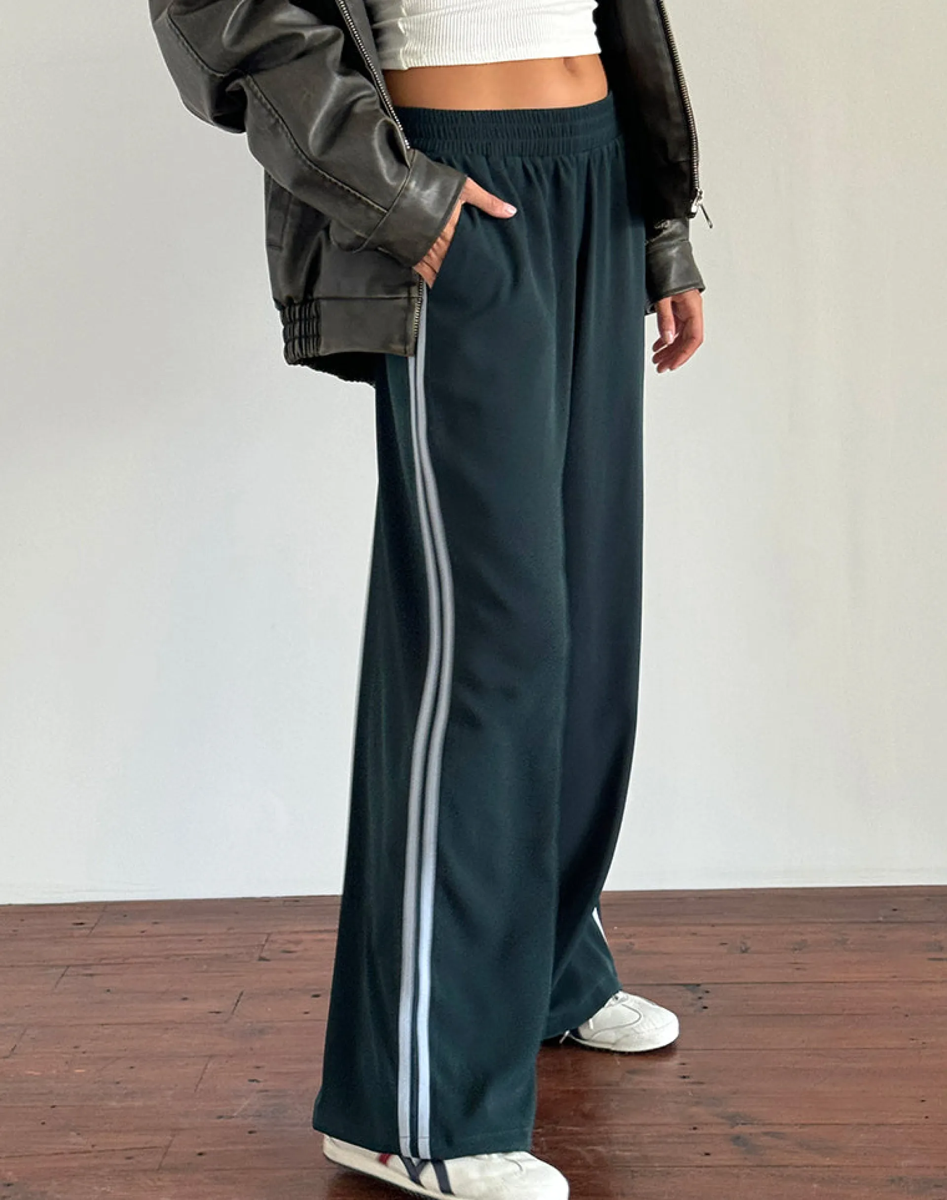 Motel Rocks Wide Leg Pants | Low Rise Pants-Bennett Trouser in Forest with Blue Stripe ForestwithBlueStripe