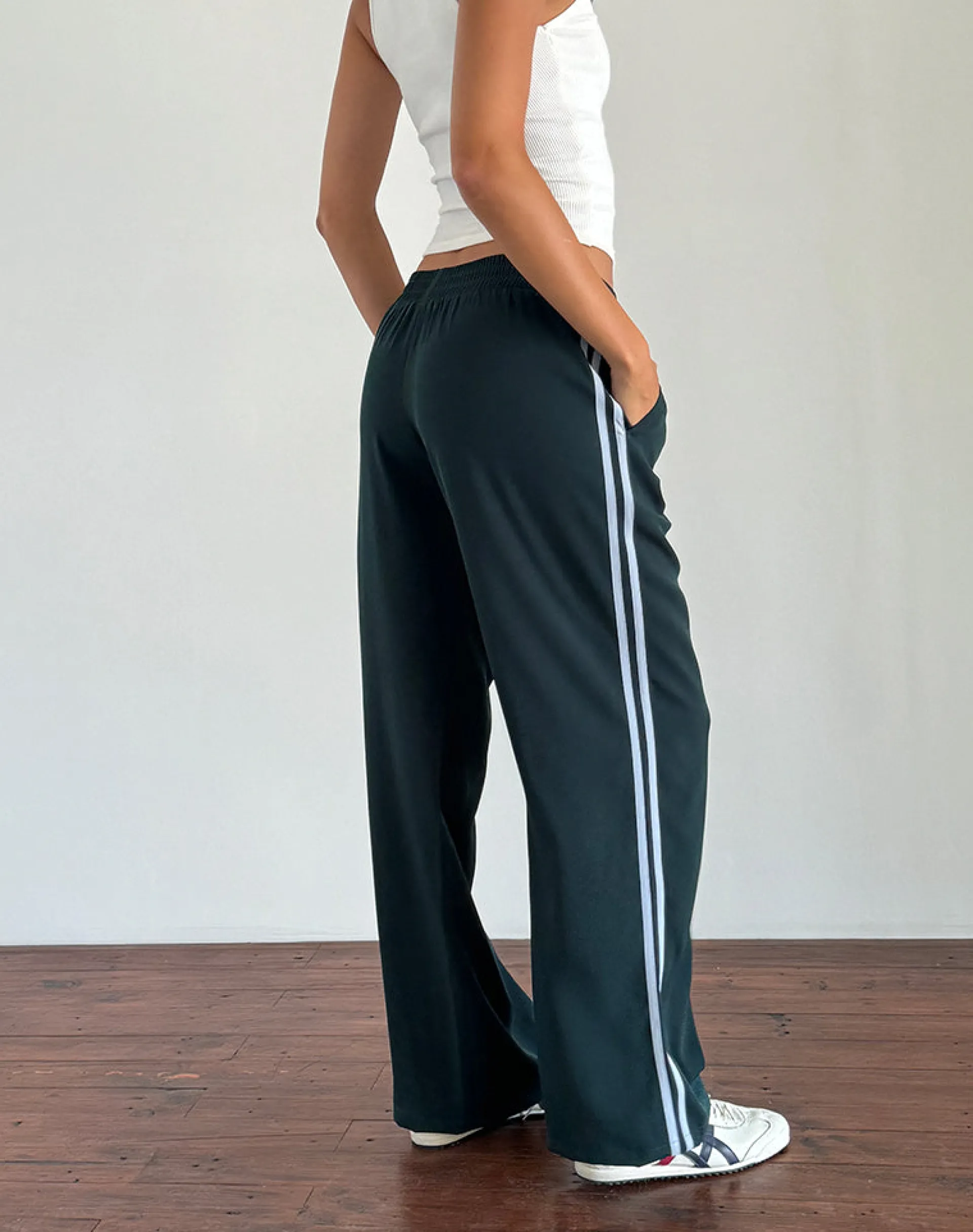 Motel Rocks Wide Leg Pants | Low Rise Pants-Bennett Trouser in Forest with Blue Stripe ForestwithBlueStripe