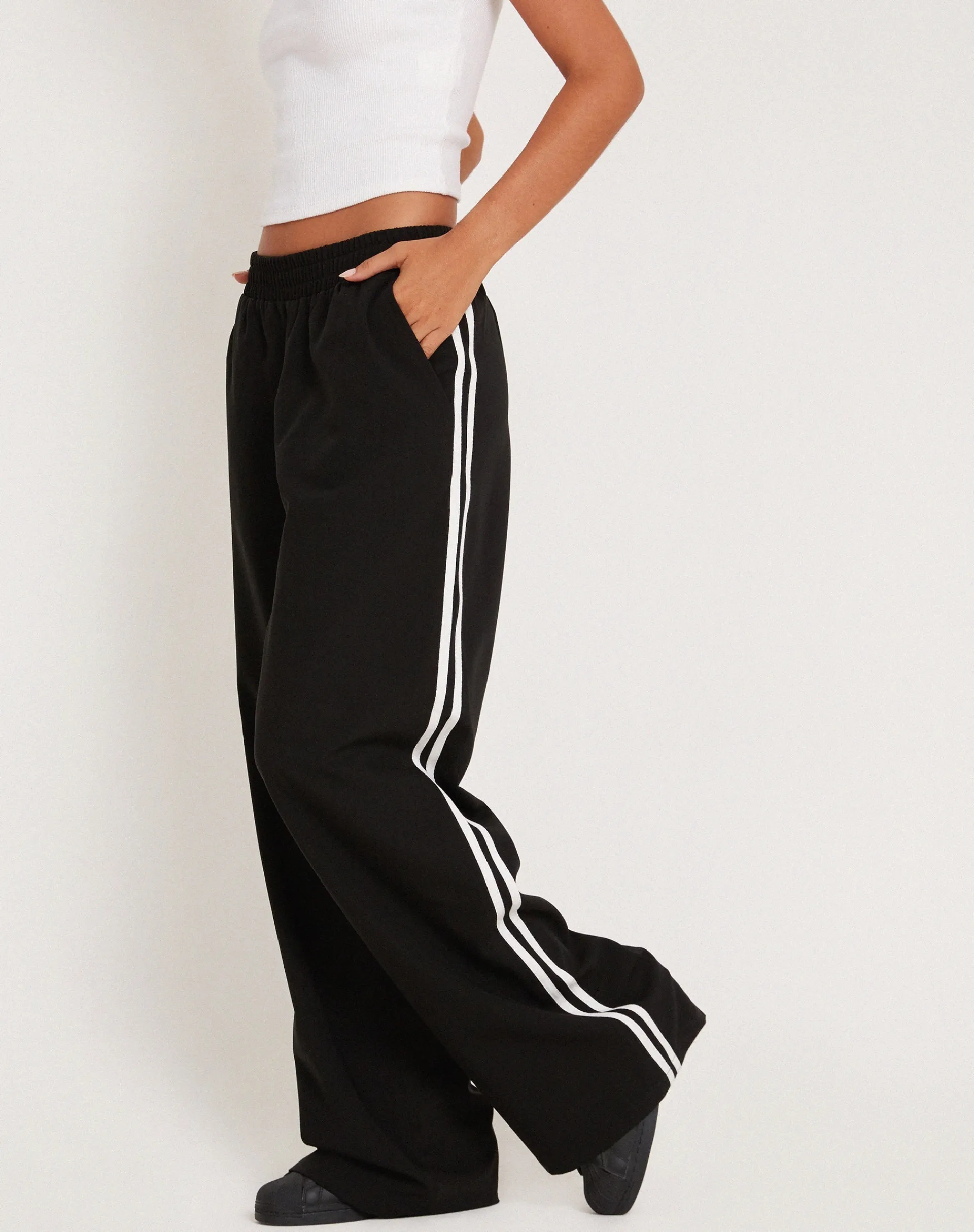Motel Rocks Tailoring | Wide Leg Pants-Bennett Wide Leg Trouser in Tailoring Black with White Stripe TailoringBlackwithWhiteStripe