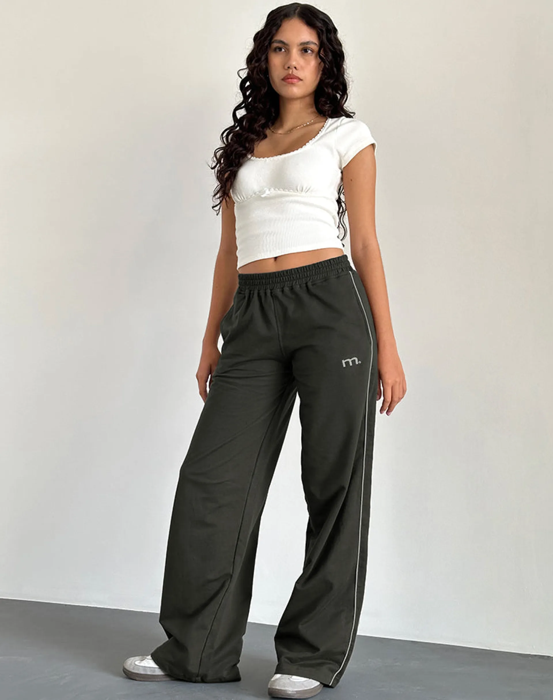 Motel Rocks Wide Leg Pants | Low Rise Pants-Benton Wide Leg Jogger in Olive with 'M' Embroidery Olivewith'M'Embroidery.