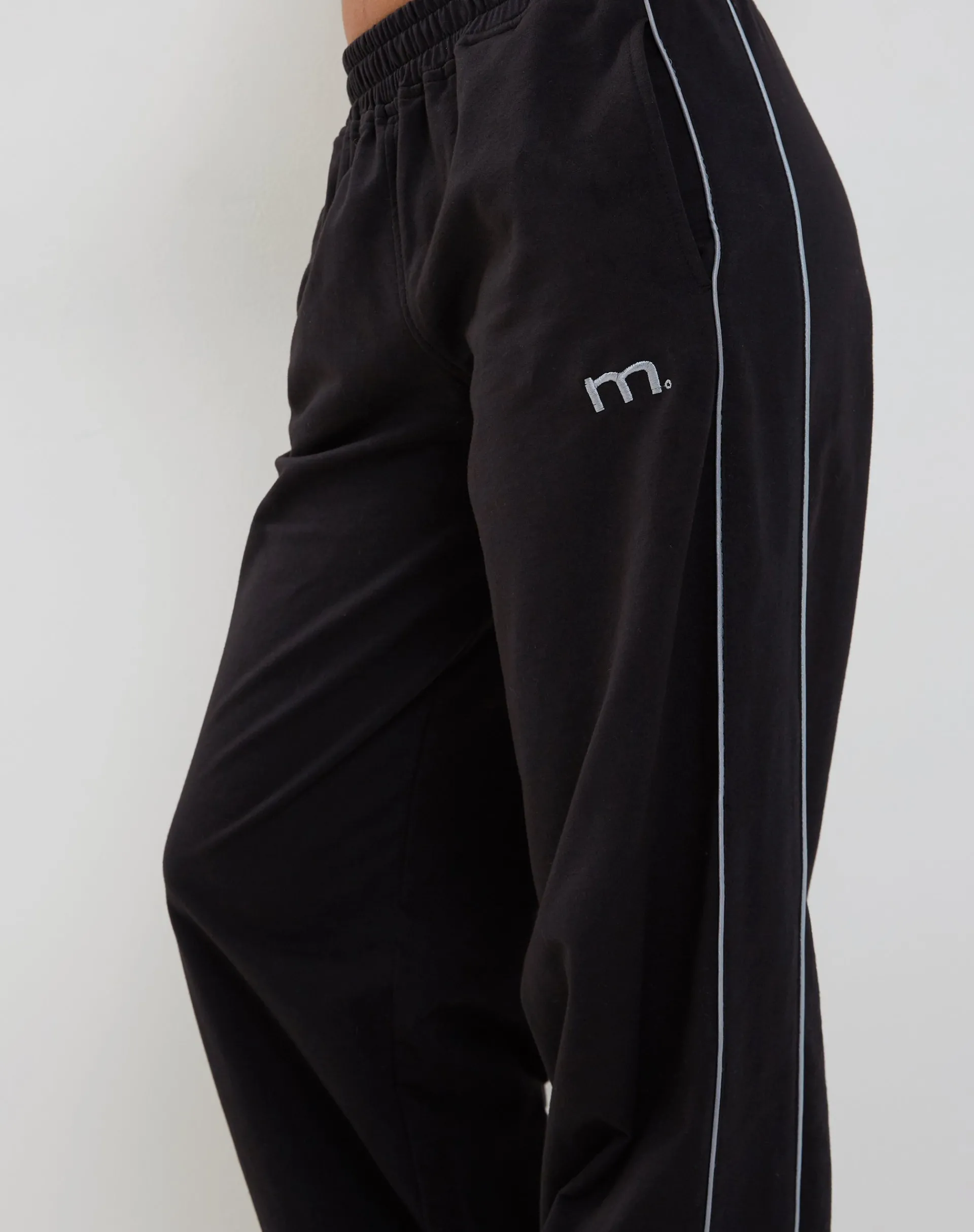 Motel Rocks Loungewear | Wide Leg Pants-Benton Wide Leg Jogger in Black with Dark Grey Piping and 'M' Embroidery BlackwithDarkGreyPipingand'M'Embroidery