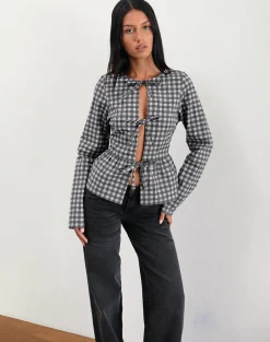 Motel Rocks Tailoring | Printed Tops-Bertaria Long Sleeve Top in Tonal Gingham Black and Grey