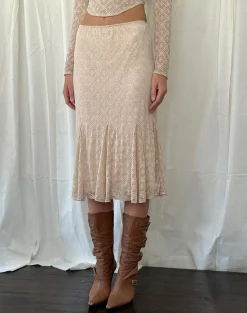 Motel Rocks Midi Skirts-Betharia Frill Detail Midi Skirt in Nude Lace NudeLace
