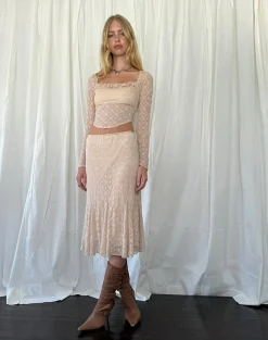 Motel Rocks Midi Skirts-Betharia Frill Detail Midi Skirt in Nude Lace NudeLace