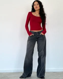 Motel Rocks Basics | Basic Tops-Binlo Extra Long Sleeve Top in Adrenaline Red Rib adrenalinered
