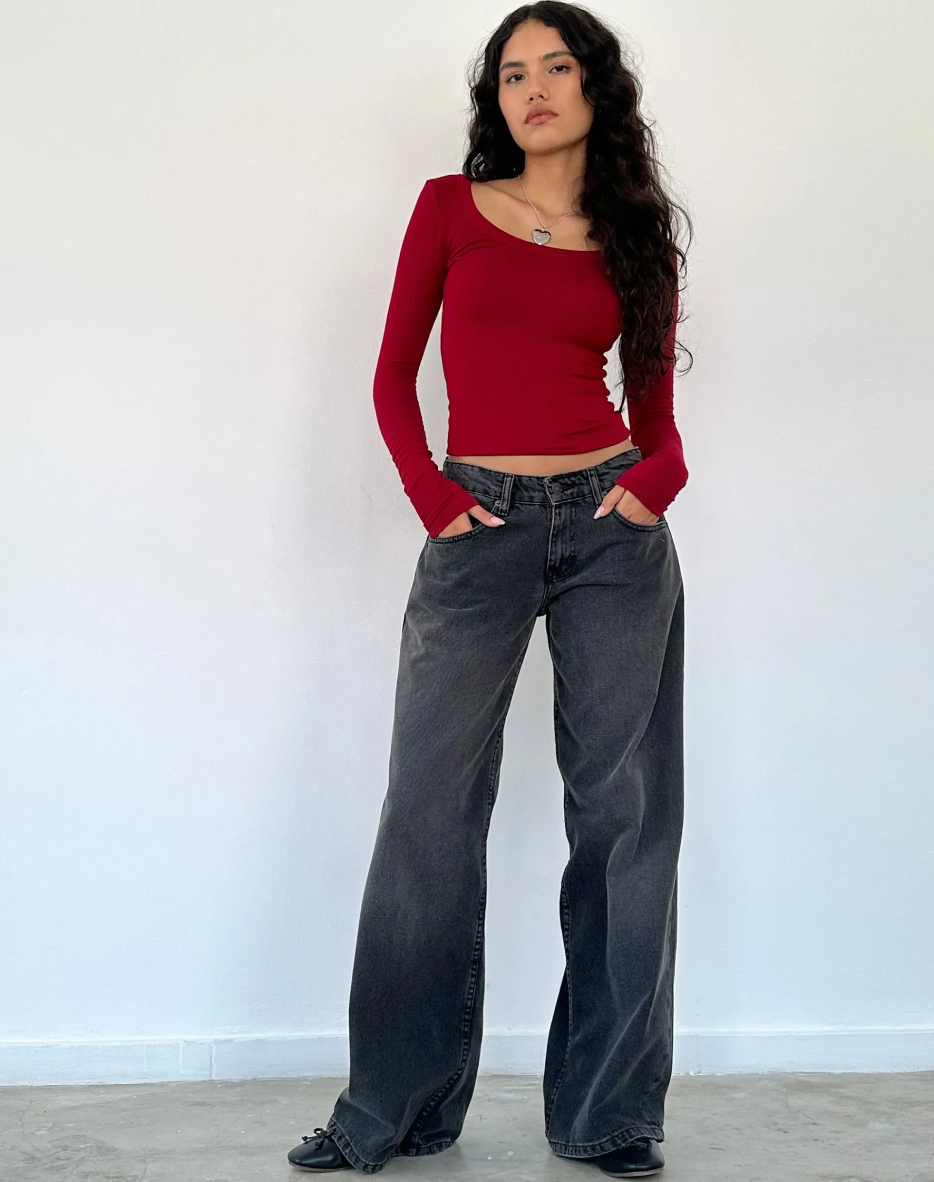 Motel Rocks Basics | Basic Tops-Binlo Extra Long Sleeve Top in Adrenaline Red Rib adrenalinered