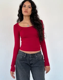 Motel Rocks Basics | Basic Tops-Binlo Extra Long Sleeve Top in Adrenaline Red Rib adrenalinered