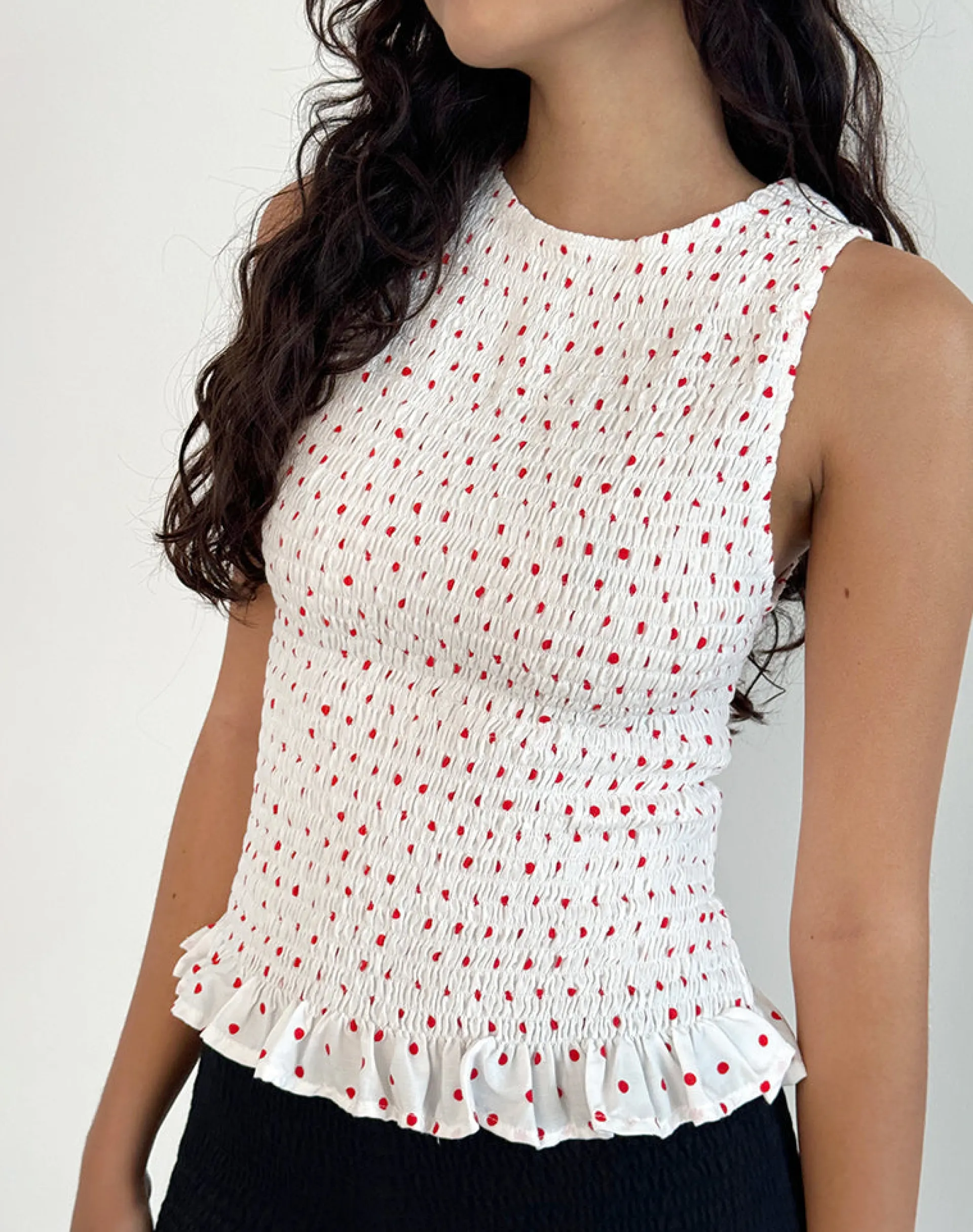 Motel Rocks Vest Tops | Printed Tops-Birita Shirred Tank Top in White and Red Polkadot WhiteandRedPolkadot