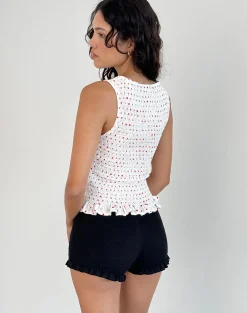 Motel Rocks Vest Tops | Printed Tops-Birita Shirred Tank Top in White and Red Polkadot WhiteandRedPolkadot