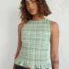 Motel Rocks Printed Tops-Birita Shirred Top in Table Cloth Neo Mint TableClothNeoMint