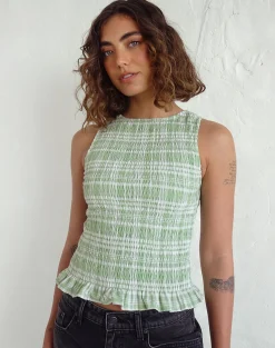Motel Rocks Printed Tops-Birita Shirred Top in Table Cloth Neo Mint TableClothNeoMint