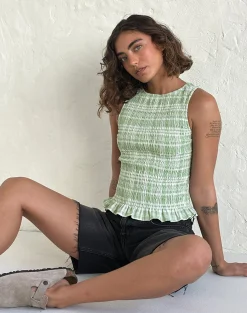 Motel Rocks Printed Tops-Birita Shirred Top in Table Cloth Neo Mint TableClothNeoMint