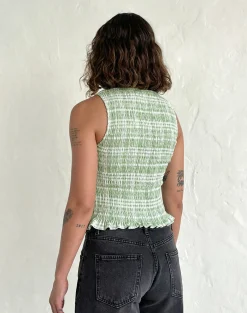 Motel Rocks Printed Tops-Birita Shirred Top in Table Cloth Neo Mint TableClothNeoMint