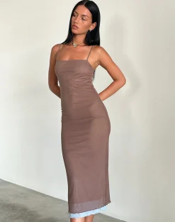 Motel Rocks Bodycon Dresses | Midi Dresses-Bisilk Midi Dress in Mesh Brown with Light Blue