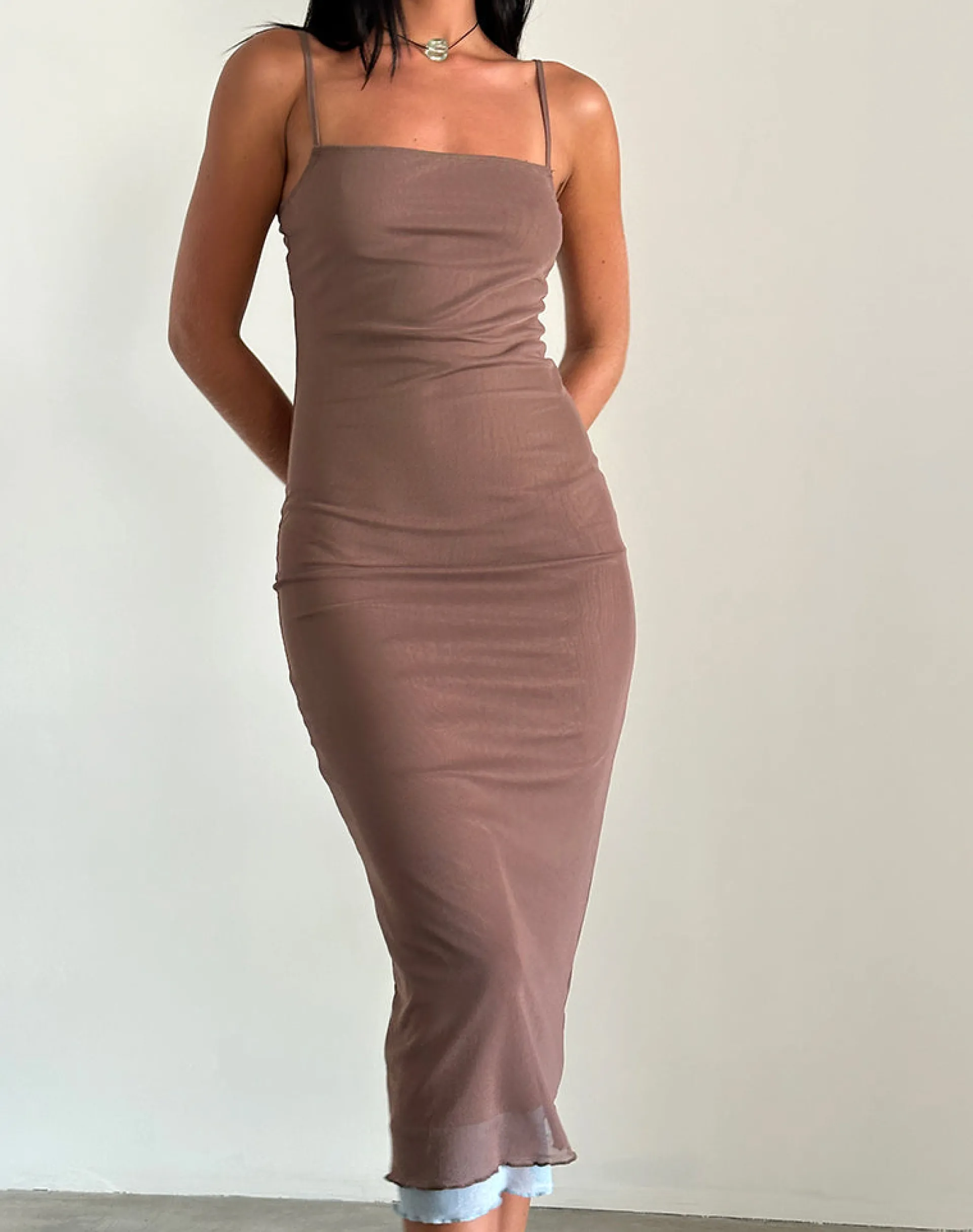 Motel Rocks Bodycon Dresses | Midi Dresses-Bisilk Midi Dress in Mesh Brown with Light Blue