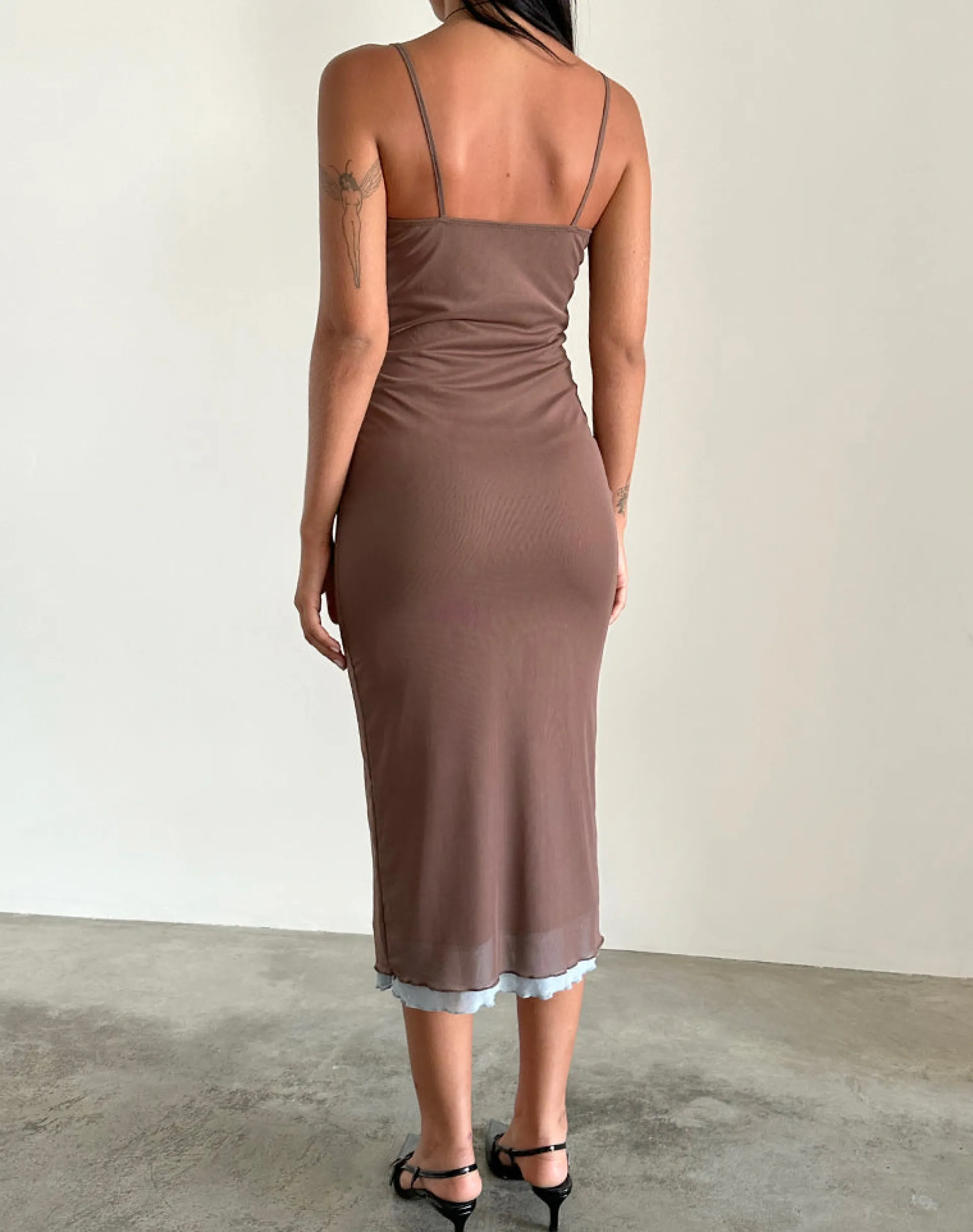 Motel Rocks Bodycon Dresses | Midi Dresses-Bisilk Midi Dress in Mesh Brown with Light Blue