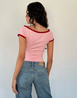 Motel Rocks Basics | Basic Tops-Bitha Top in Ballet Pink with Adrenaline Red Binding BalletPinkwithAdrenalineRedBinding