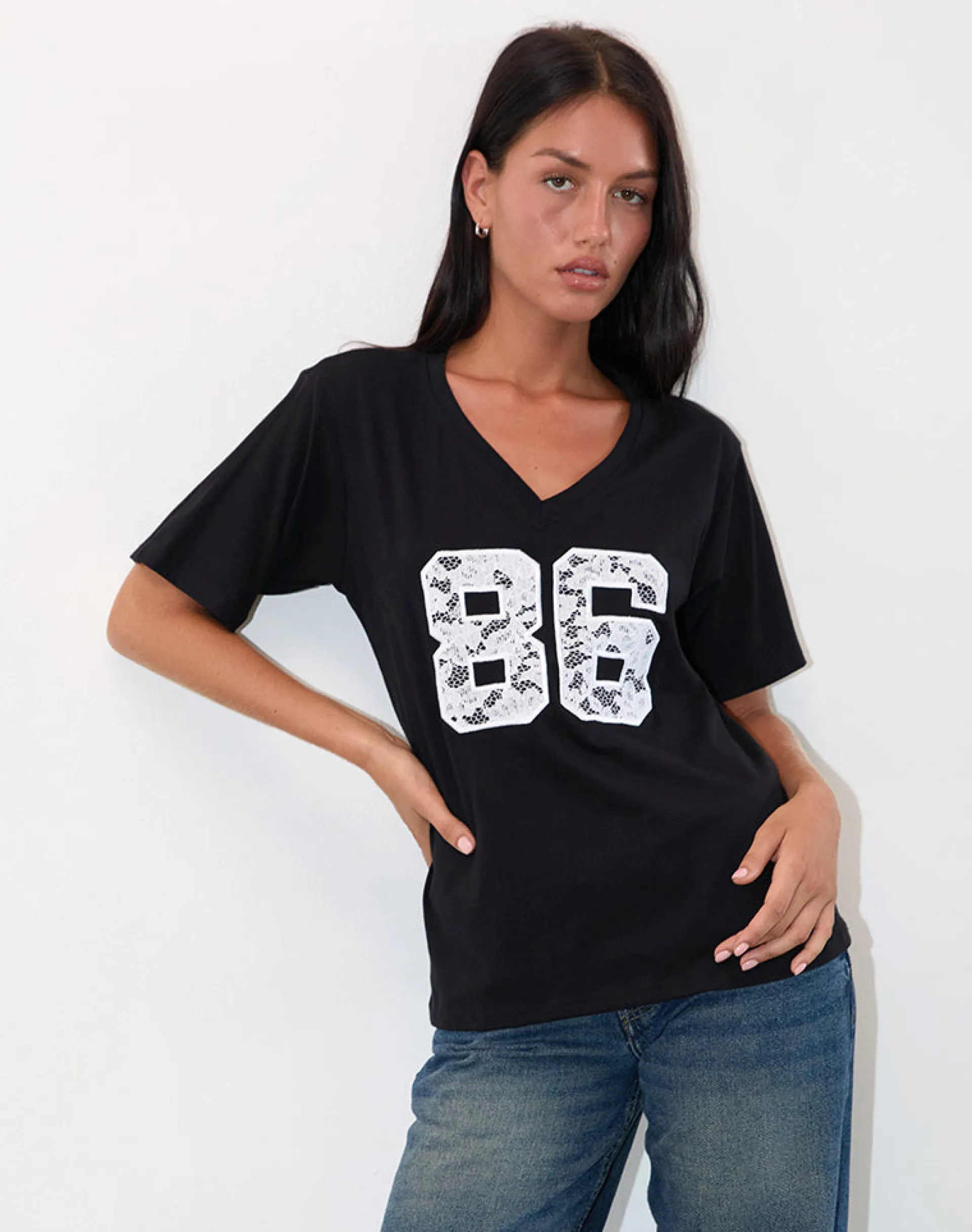 Motel Rocks Printed Tops | Tees-Blaine Oversized Tee in Black with 86 White Lace Embroidery