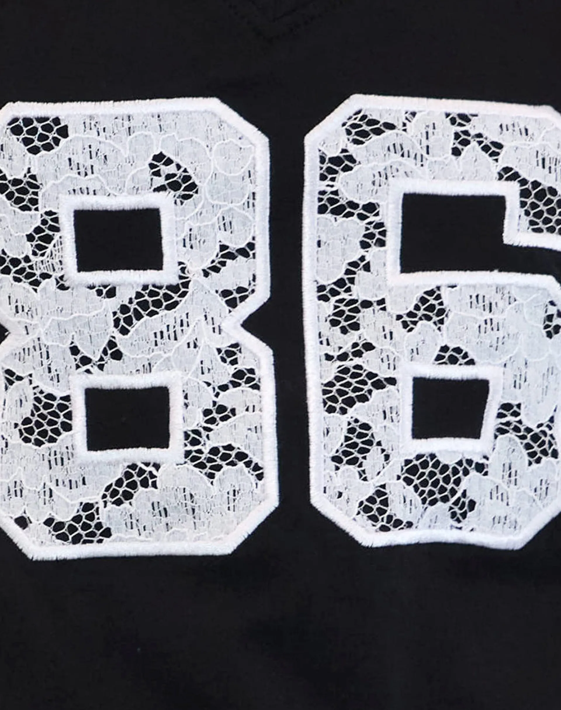 Motel Rocks Printed Tops | Tees-Blaine Oversized Tee in Black with 86 White Lace Embroidery